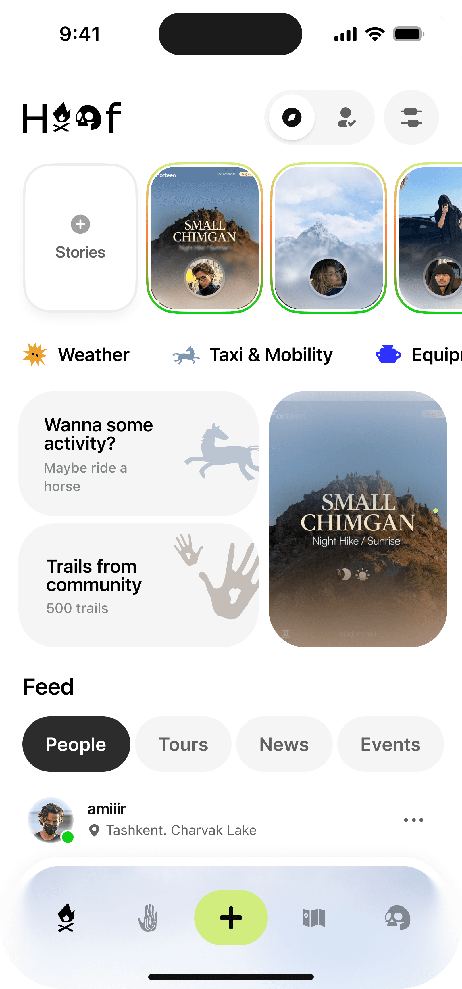 HOOF home with places, stories and activity feed